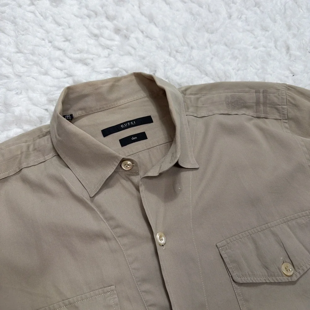 GUCCI Men's Shirt 39 15.5 Long Sleeve Button Made in Italy Safari Embroidered